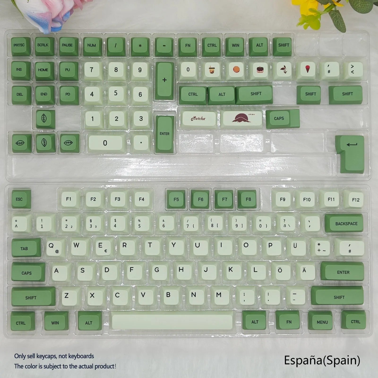 Set of 124 matcha green PBT keycaps with white legends for a mechanical keyboard