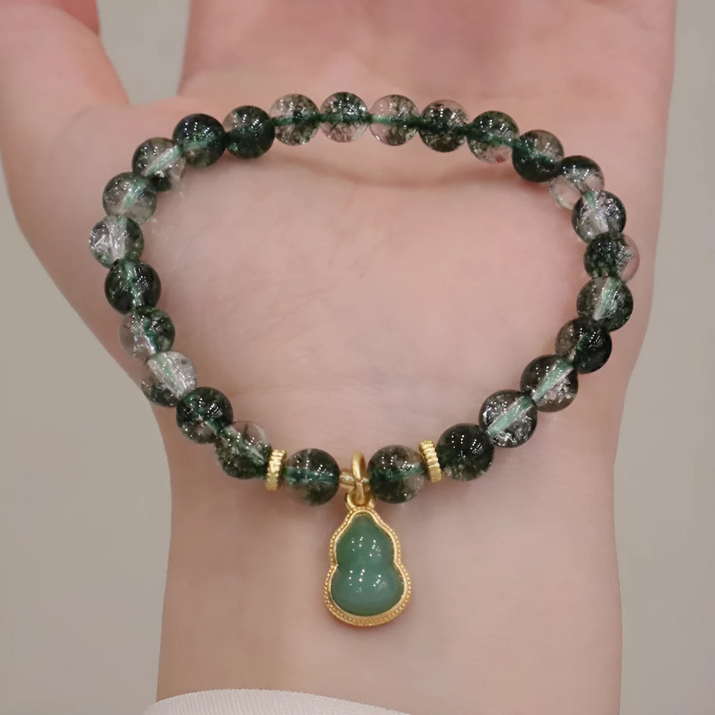 Natural citrine and chorite crystal women's bracelet with green ghost calabash pendant