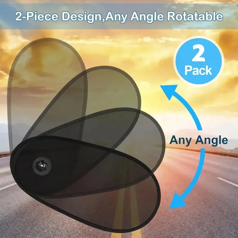 Black breathable car side window sunshade stretched over glass with suction cups.