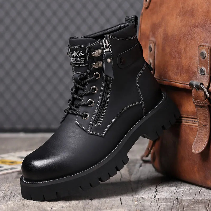 Men's brown leather high-top boots with side zip and mid heel