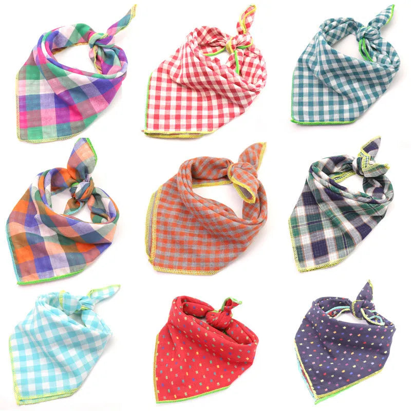 Plaid double sided cotton pet scarf in beige colour, 45x45cm, laid flat on surface