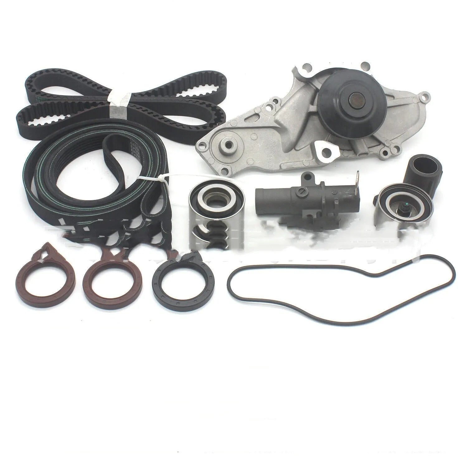 Metal automotive belt and water pump assembly measuring 28mm x 18mm x 16mm