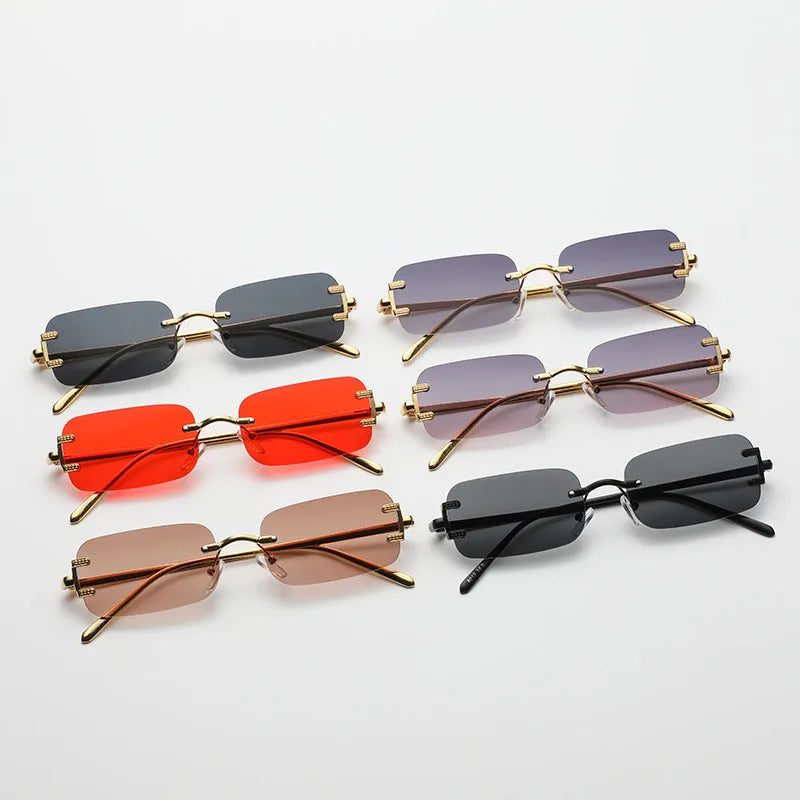 Retro square frameless sunglasses with metal frame and AC lenses, gold or black frame, six colour options.
