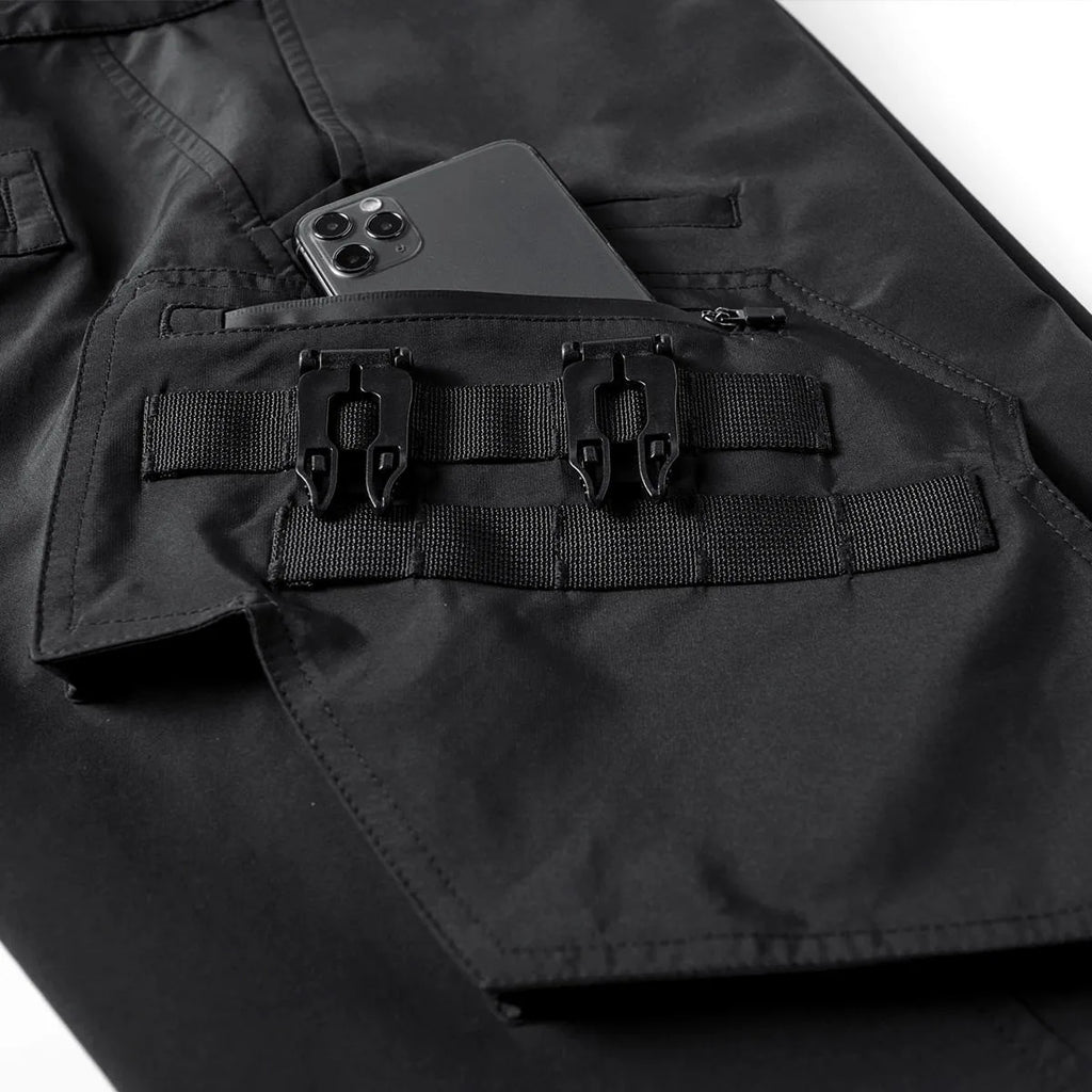 Men's black multi pocket parachute pants loose fit with mid waist and wrinkle-resistant polyester fabric