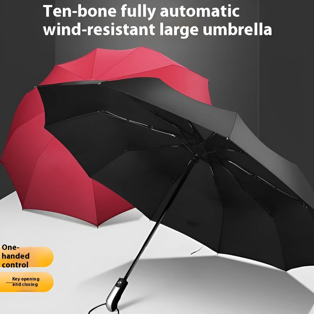 Large black automatic triple-fold umbrella with palace style canopy and rubber handle.