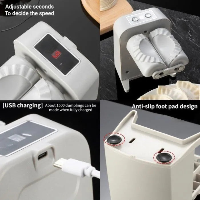 White electric dumpling maker machine with USB charging cable and accessories on kitchen counter