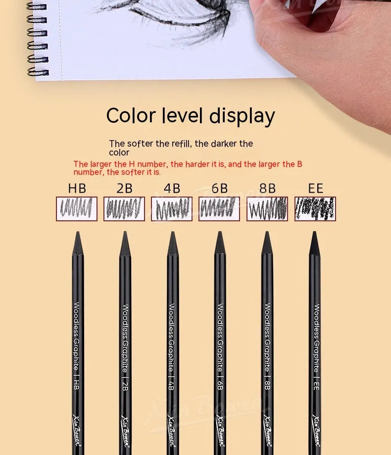 Set of six wood-free graphite sketching pencils in grades HB, 2B, 4B, 6B, 8B, and EE