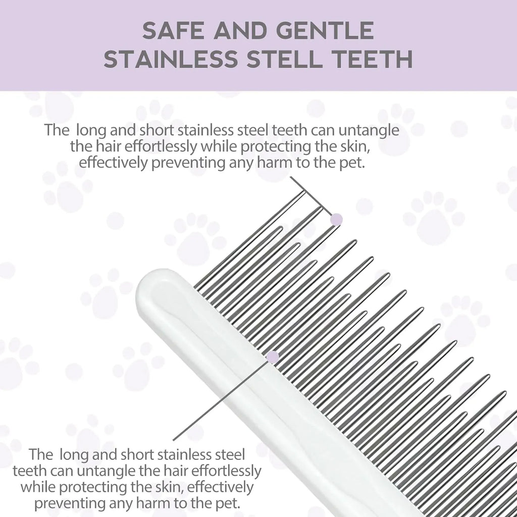Purple pet detangling comb with stainless steel teeth and ergonomic handle on white background.