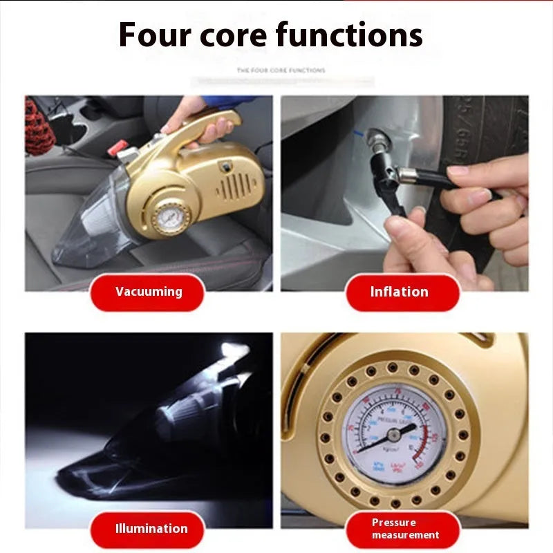 Gold 12V wet and dry four-in-one car cleaner made of ABS plastic, 35x18cm handheld design