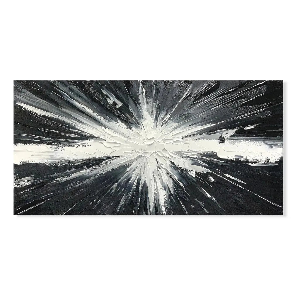 Handmade black and white abstract oil painting on canvas, horizontal orientation, modern living room wall art