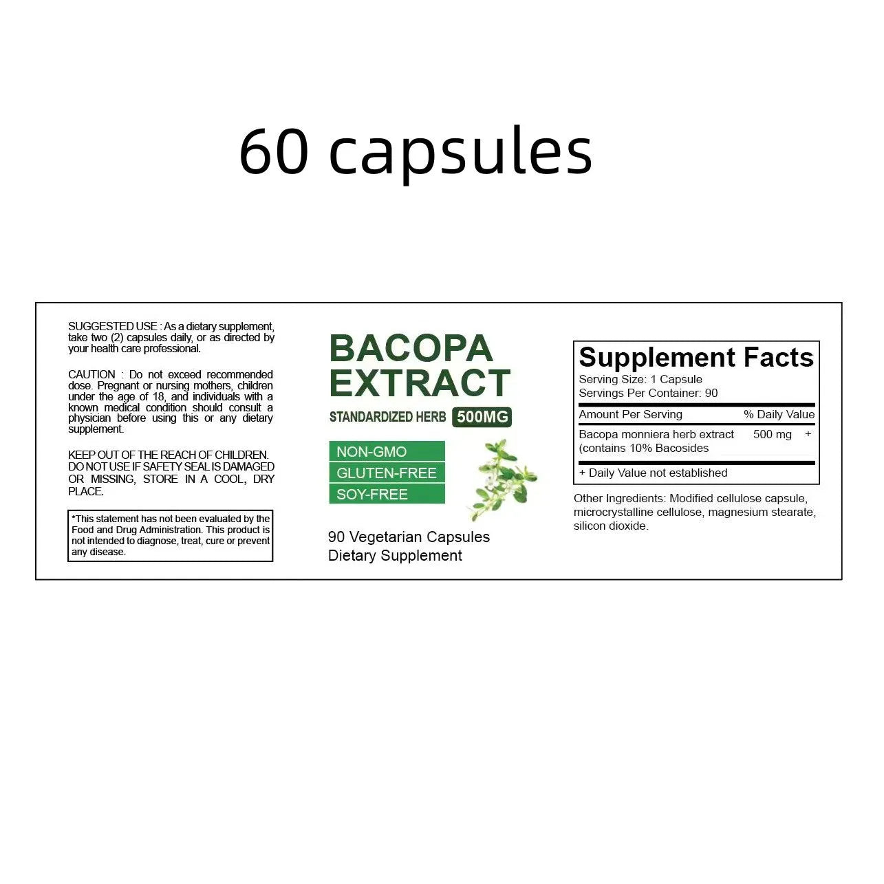 Brahman Ginseng Extract Capsules bottle with Bacopa monniera herb extract, 60 90 or 120 capsules