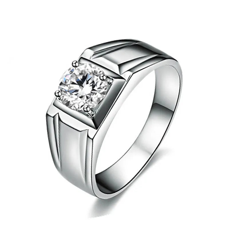 Men's large square diamond-style ring in copper with adjustable band, shown in gold and platinum finishes.