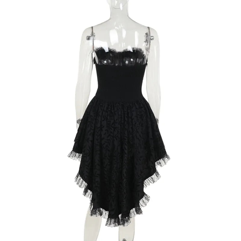 Black gothic flocking bra trailing dress with bow detail sleeveless nylon
