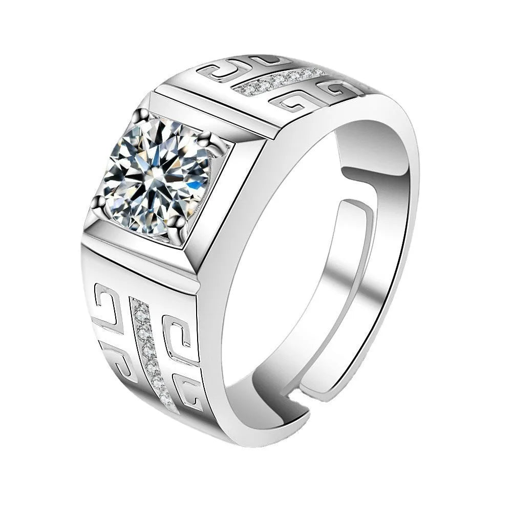 Men's large square diamond-style ring in copper with adjustable band, shown in gold and platinum finishes.