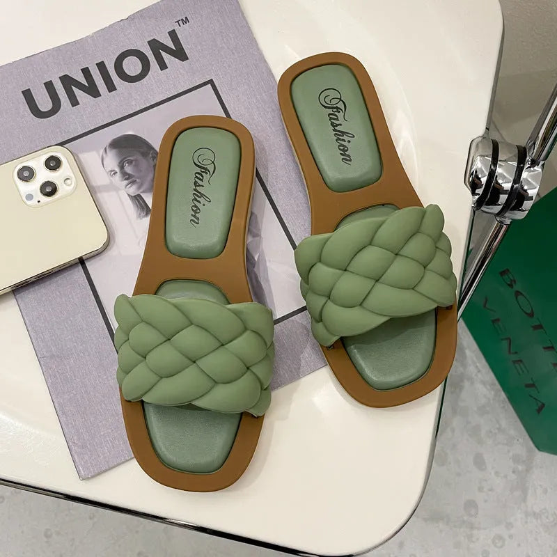 Women's PVC plaid beach sandals with a thick non-slip sole in black, green, orange, and white colour options.