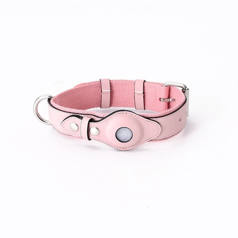 Leather dog collar with AirTag holder in black, adjustable for medium to large dogs