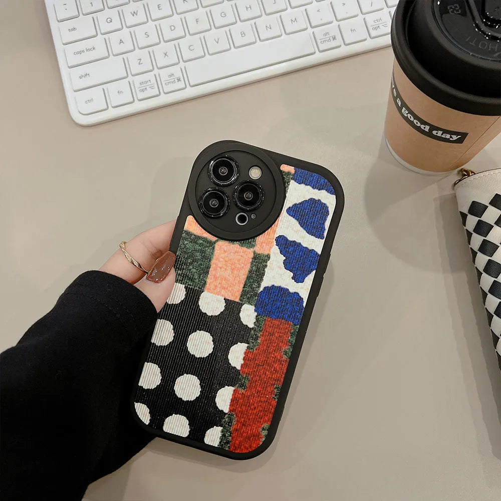 Art colour contrast patchwork TPU phone case with black leather-style finish and dot stitching for Apple iPhone