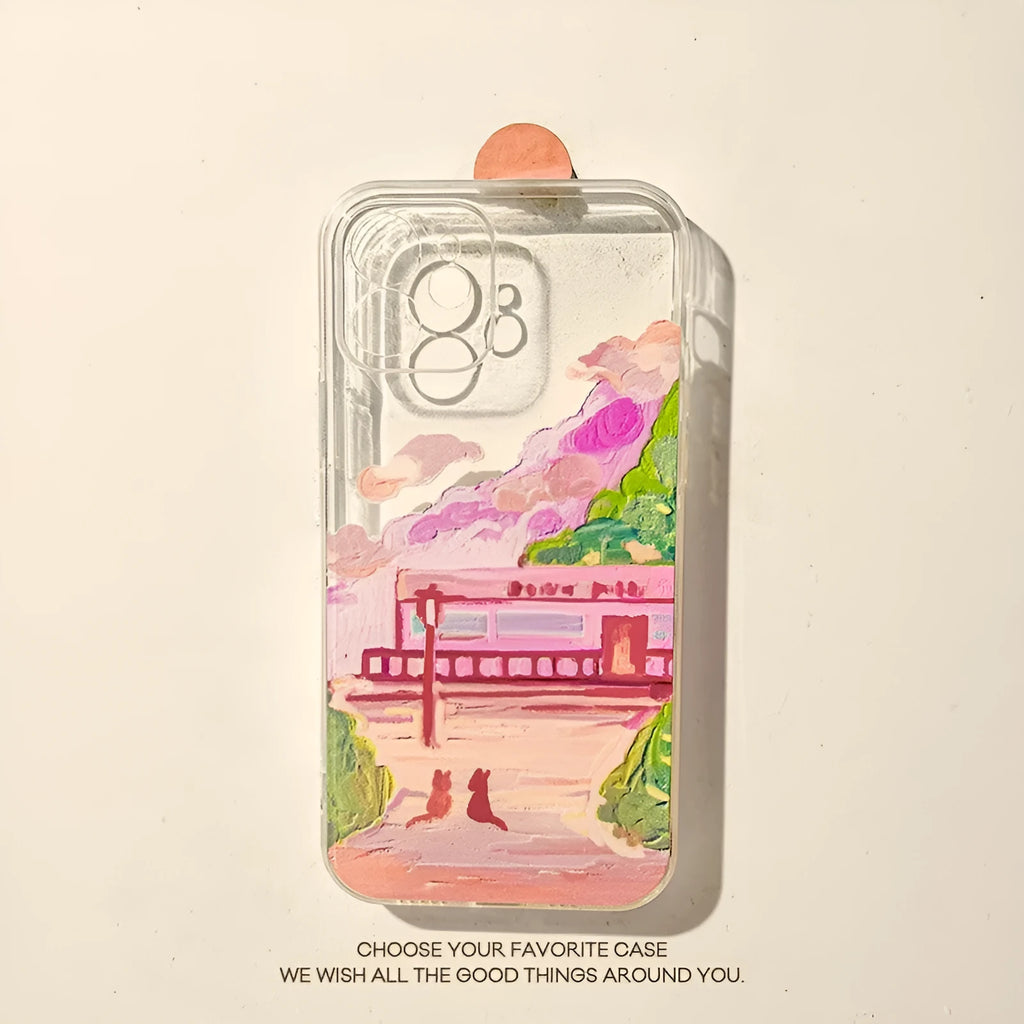 Soft silicone iPhone case featuring a cartoon illustration of two cats on a white background.