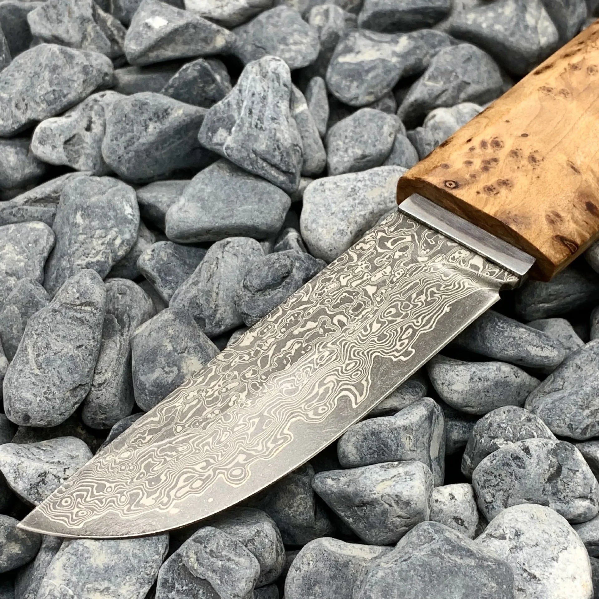 White Shadow short knife with Damascus steel blade and Thuja wood handle, showing full 18cm length.