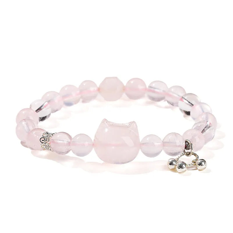 Women's handcrafted natural crystal bracelet with cat head charm and gemstone beads