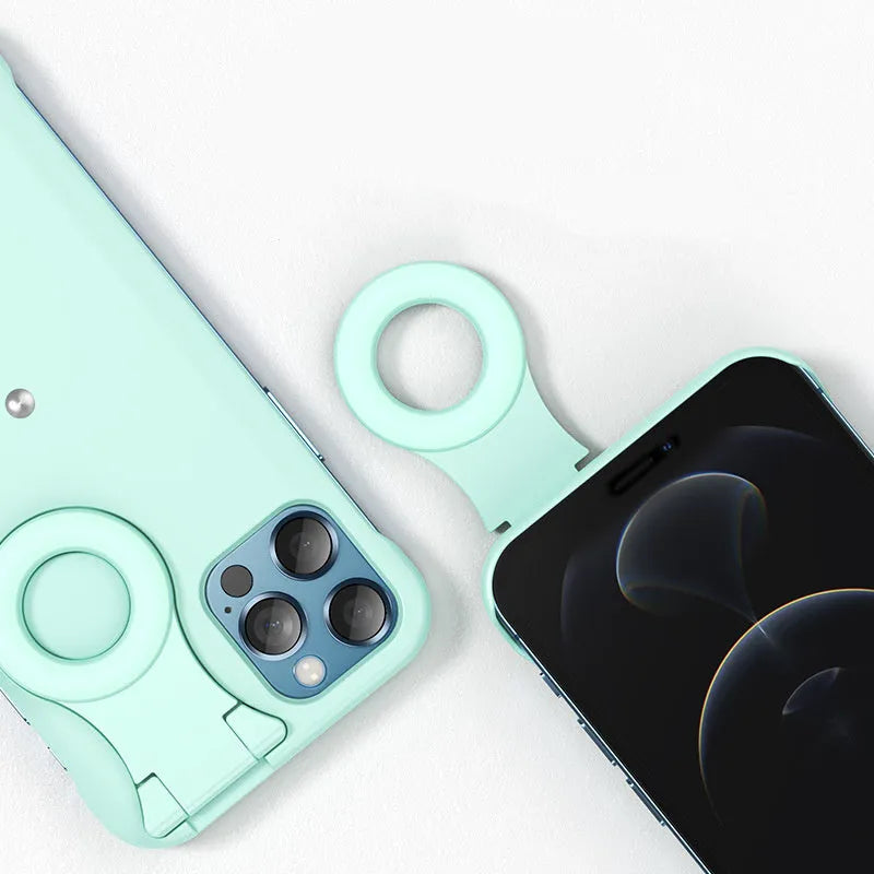 Selfie ring flashing light mobile phone case in blue for iPhone with PU TPU construction and metal stamping finish