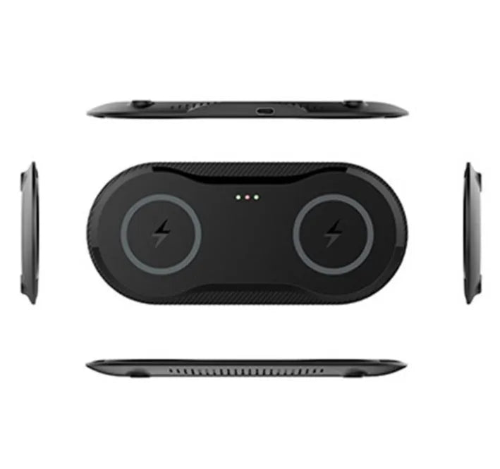 Black and white dual wireless charging pad showing two phone charging positions with Type-C cable