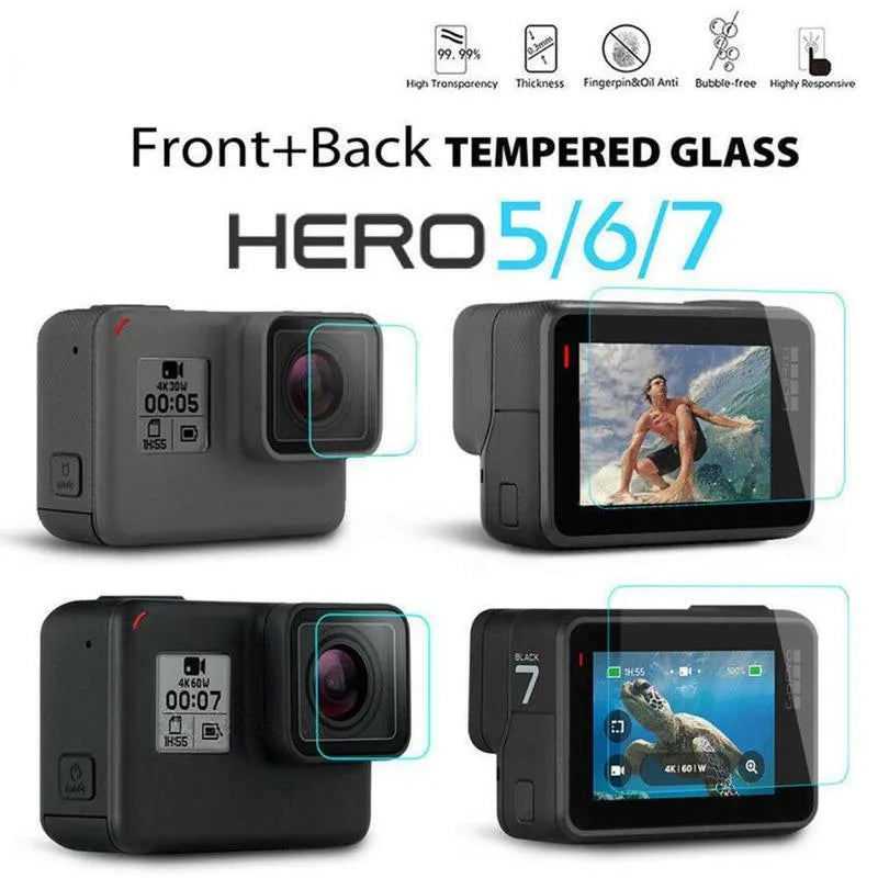 Transparent tempered glass screen and lens protector kit for GoPro Hero 5, 6, and 7 cameras.