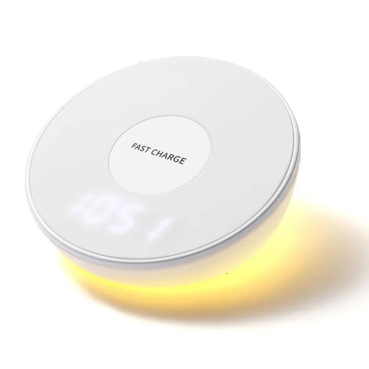 White wireless charger with clock display and three control buttons for smartphone charging
