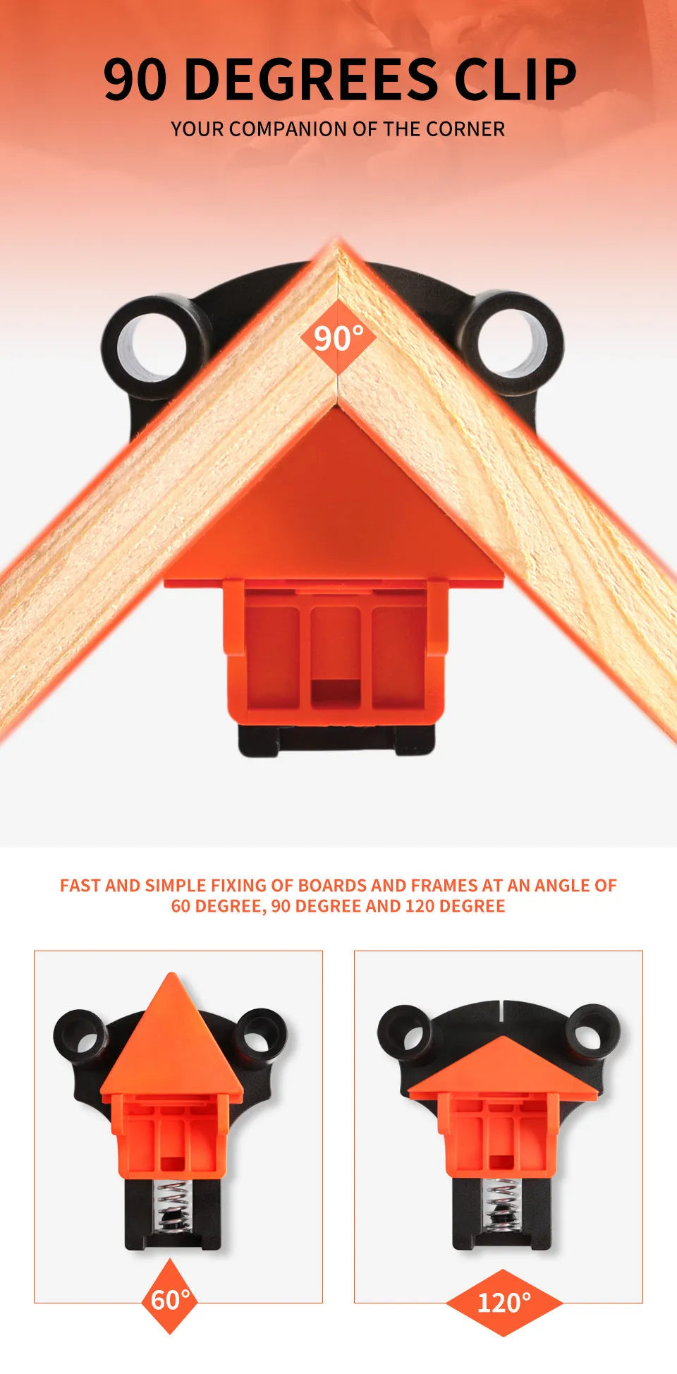 Plastic 90 degree right angle clip for assembling picture frames and photo frames