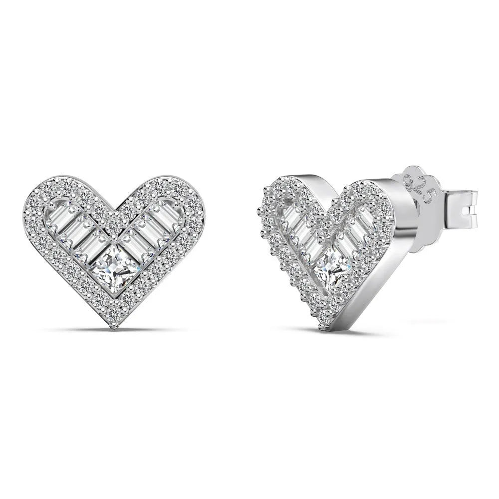 Sterling silver heart-shaped stud earrings with zircon rhinestone, electroplated finish, three colour options