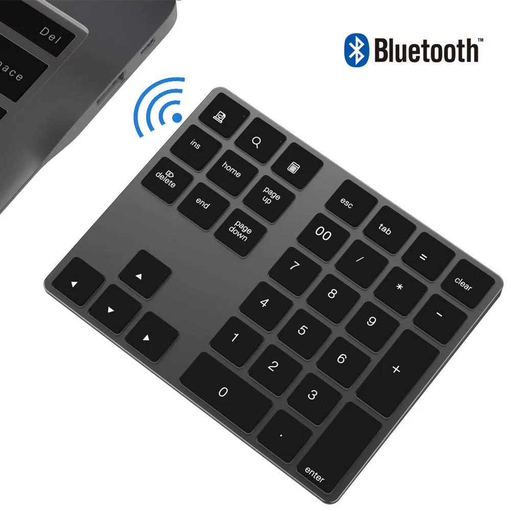Aluminium Bluetooth numeric keypad with 34 keys in black and silver colour options
