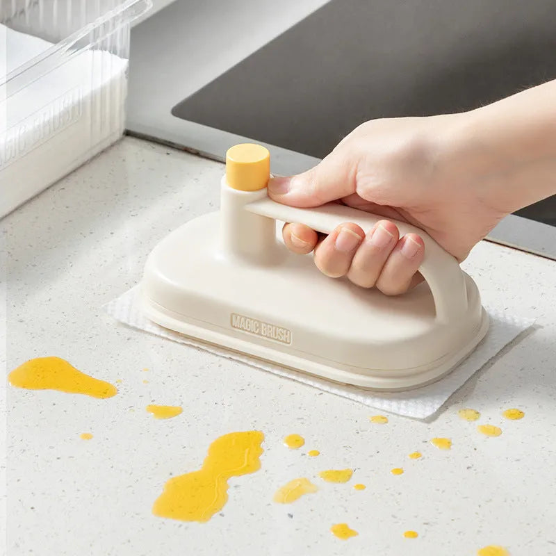 Disposable Magic Cleaning Brush with plastic handle, storage box, and 50 white non-woven fabric rag refills.