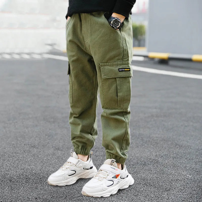 Boys' cotton casual trousers in army green, black or khaki for middle school children aged 8+
