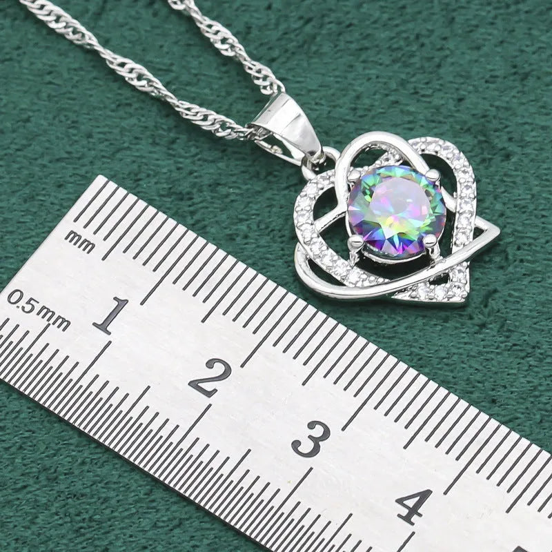 Four-piece copper inlaid zircon jewellery set with necklace, ring, earrings and bracelet in black, green or picture colour