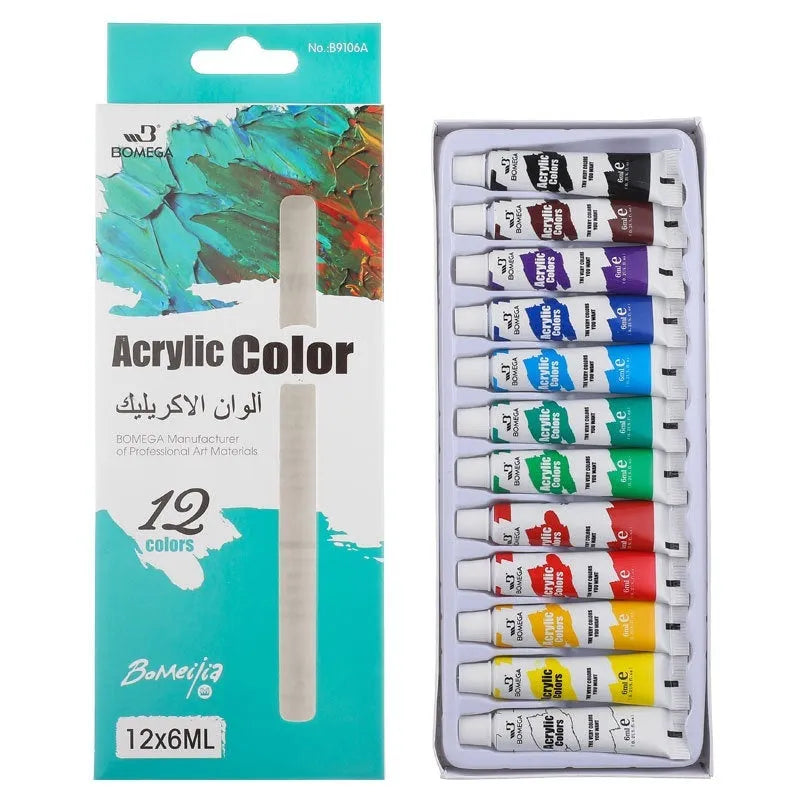 Artists' paint set showing twelve colour tubes organised in strips for acrylic, gouache, watercolour, and oil painting