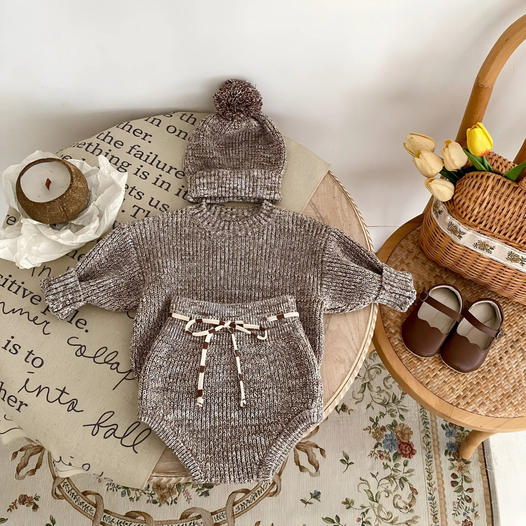 Infant girl dark brown knitted three-piece set with fur ball hat on hanger