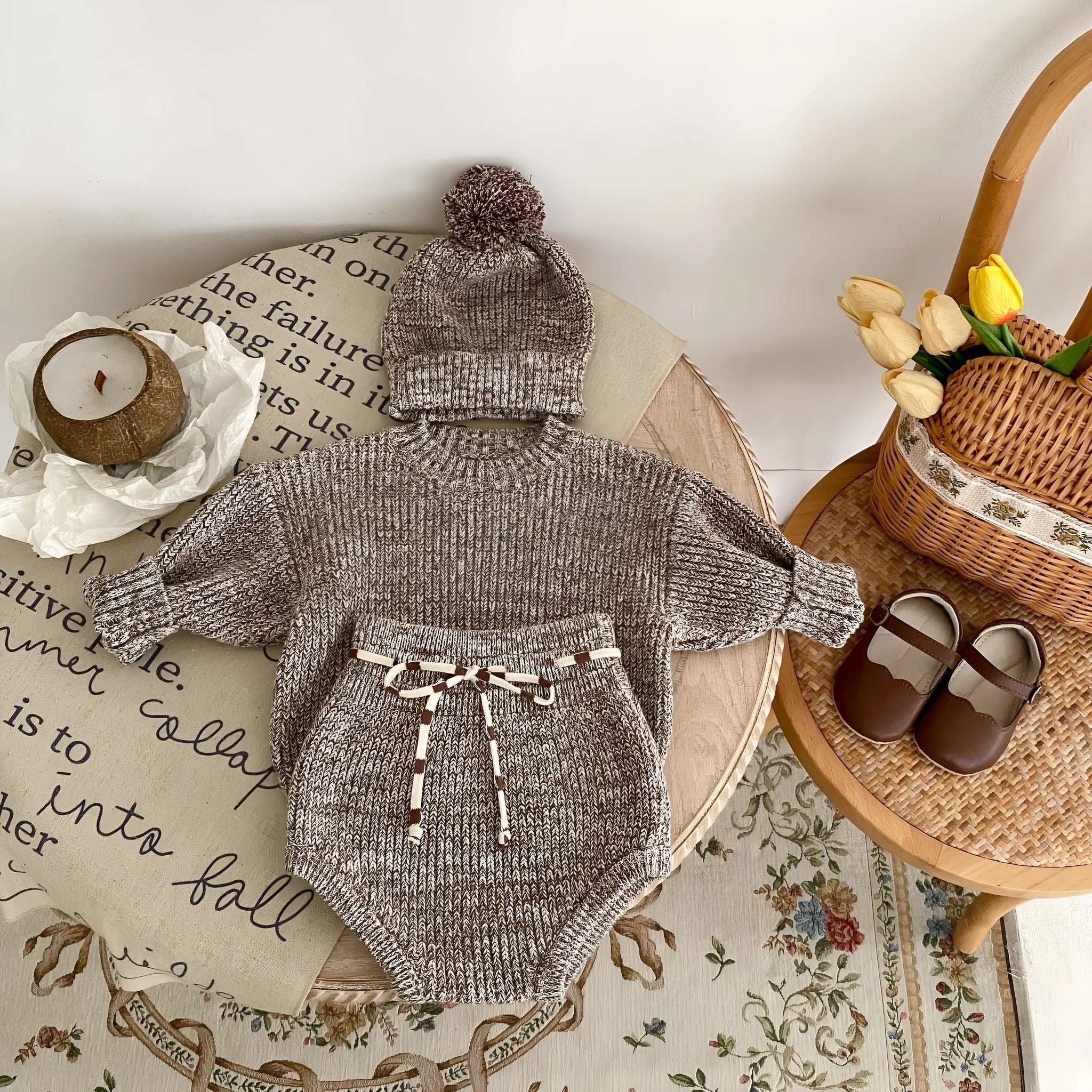 Infant girl dark brown knitted three-piece set with fur ball hat on hanger