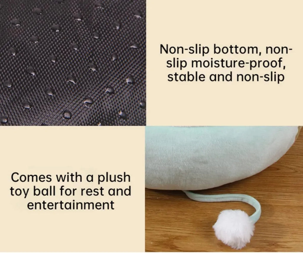 Green chick-shaped cat bed shown both flat as a sofa and hanging as a hammock for a small cat.