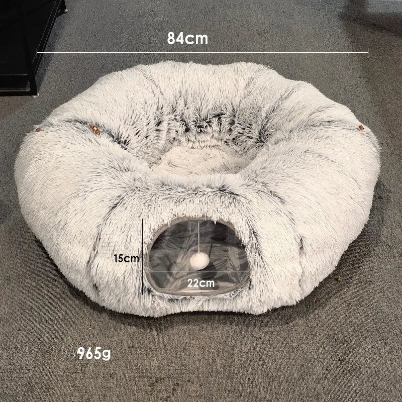 Grey cat tunnel bed with removable cushion and hanging furry toy for indoor cats