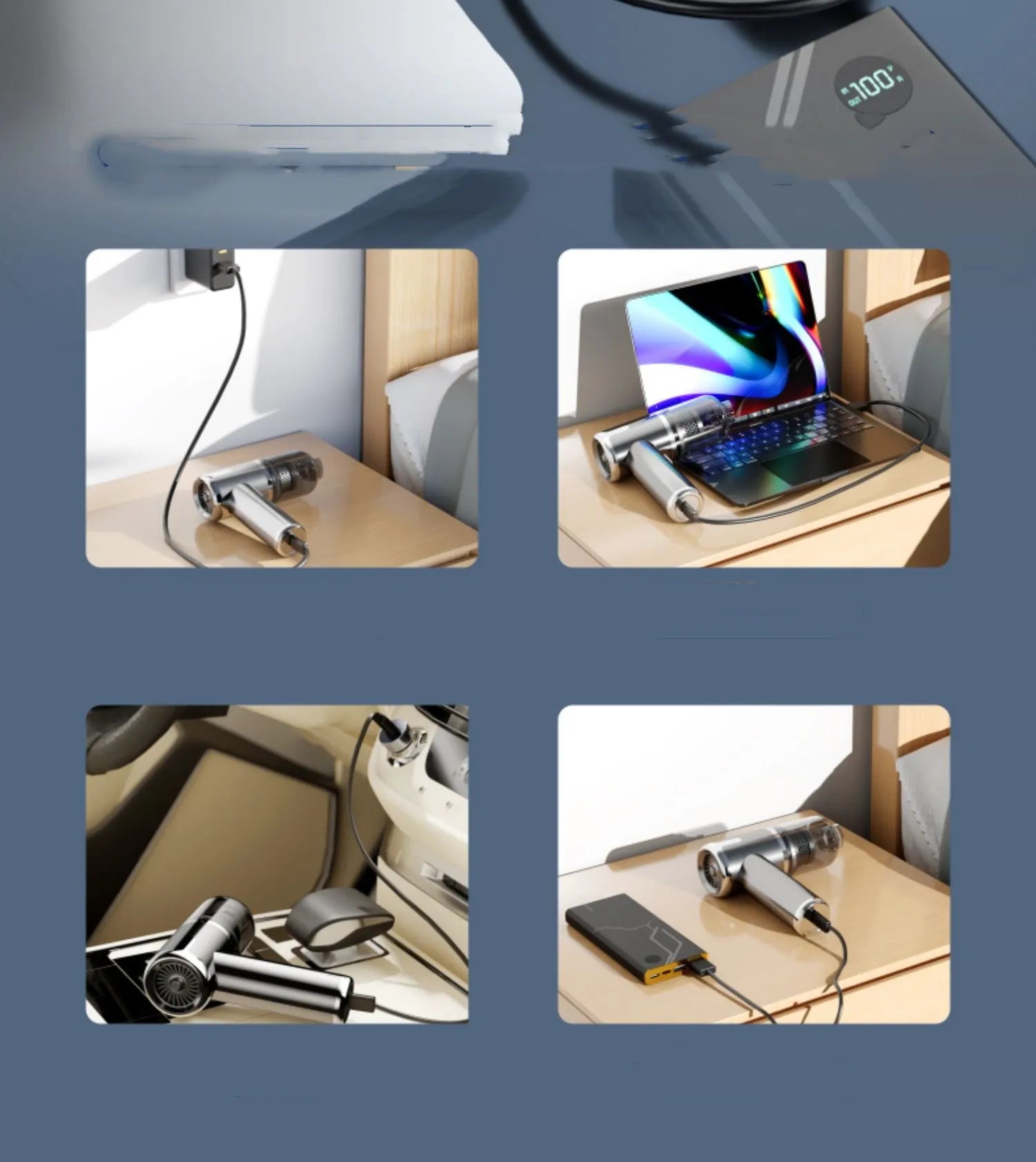 Wireless charging handheld vacuum cleaner with brush attachments on car seat