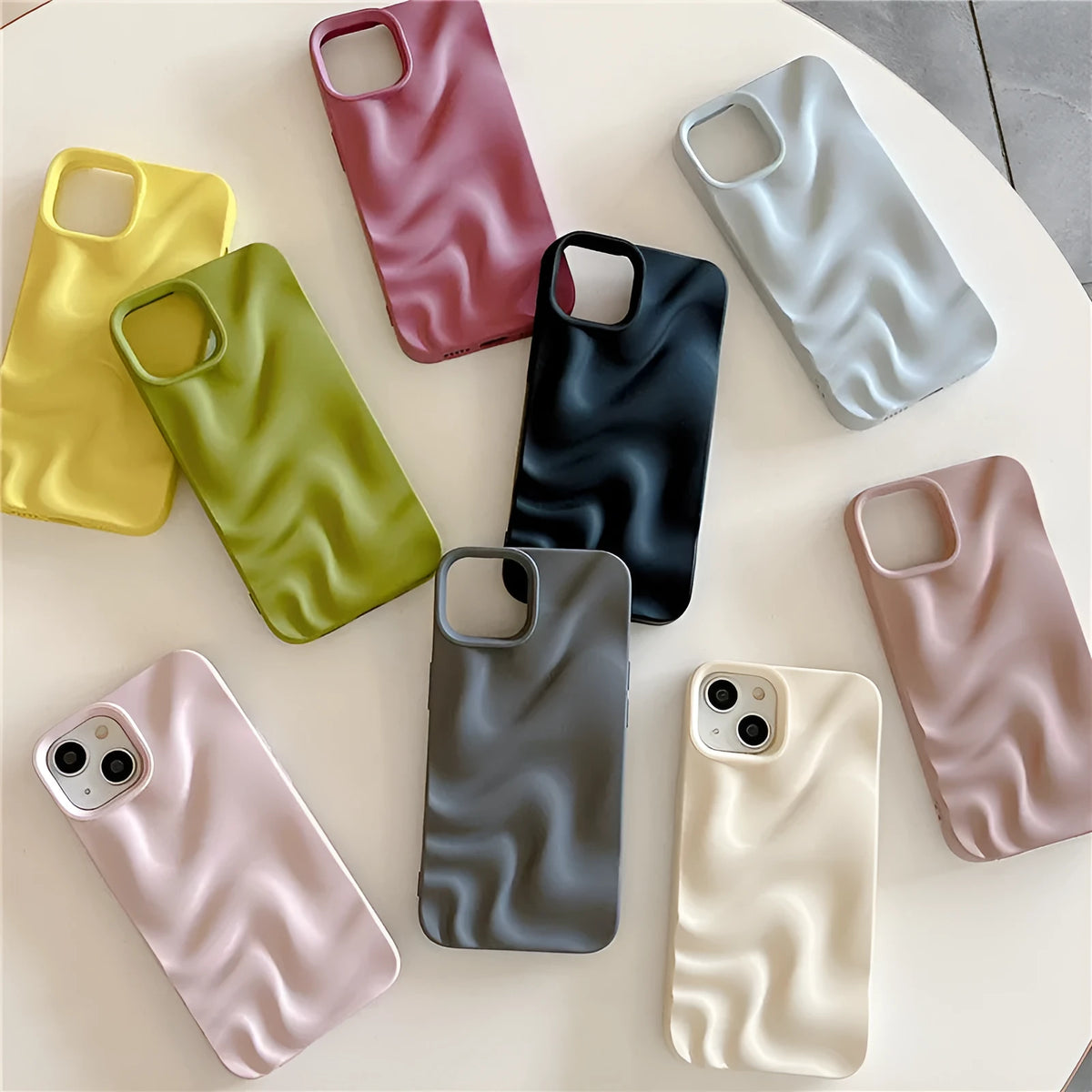 3D pleated water ripple TPU phone case for iPhone 11 to 15 Pro Max in frosted and glossy finishes