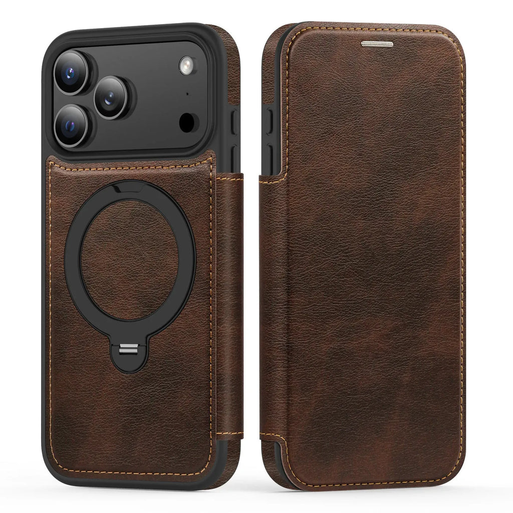 Magnetic bracket PC leather flip phone case for iPhone 16 in black with stand