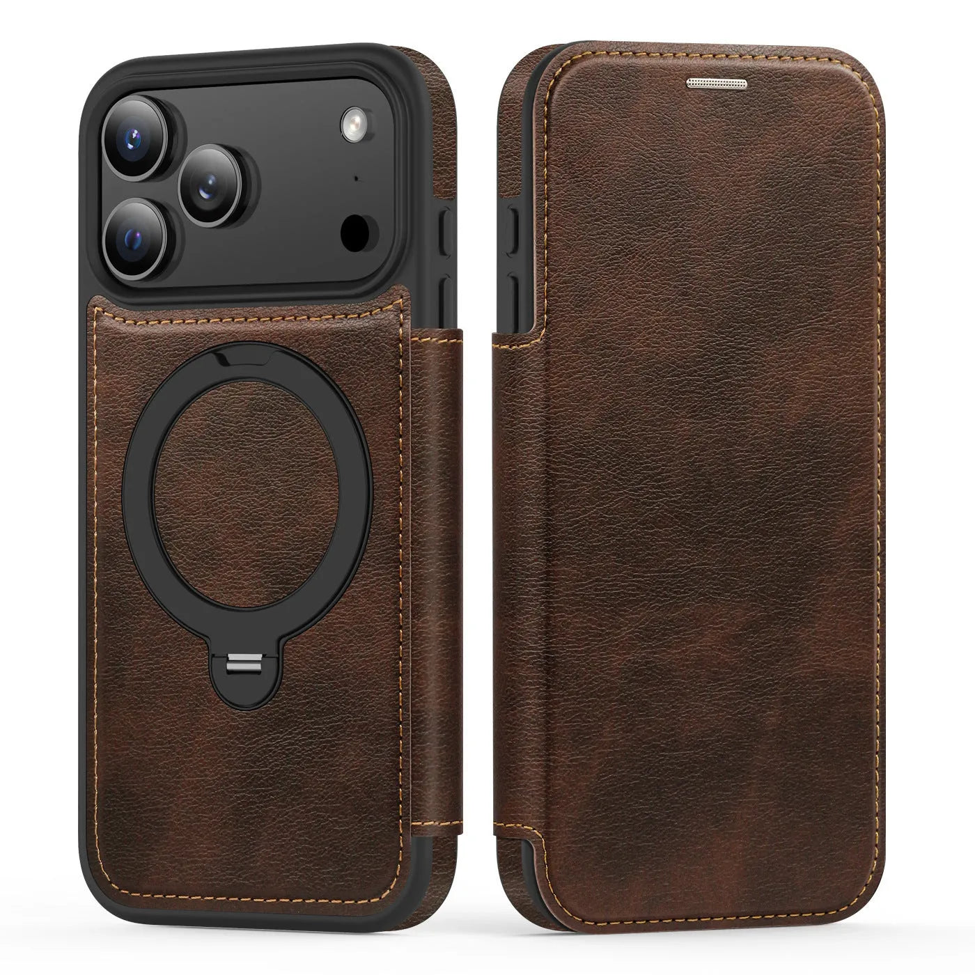 Magnetic bracket PC leather flip phone case for iPhone 16 in black with stand