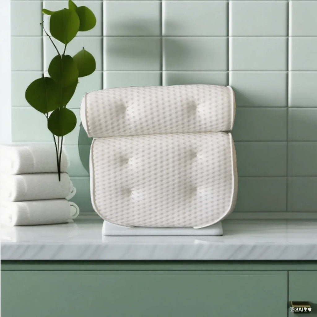 White 4D mesh bathtub pillow with 7 suction cups on a smooth bath surface.