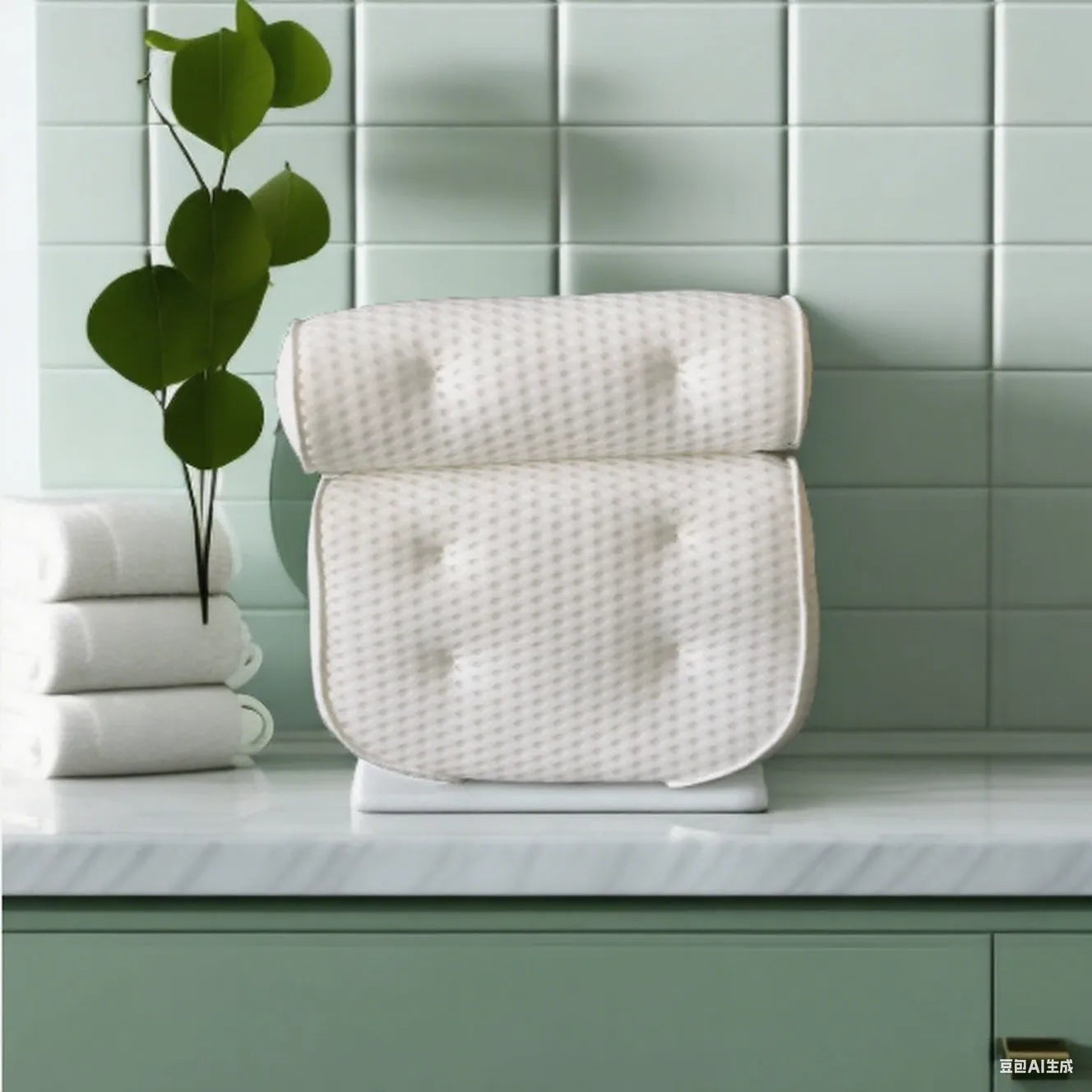 White 4D mesh bathtub pillow with 7 suction cups on a smooth bath surface.
