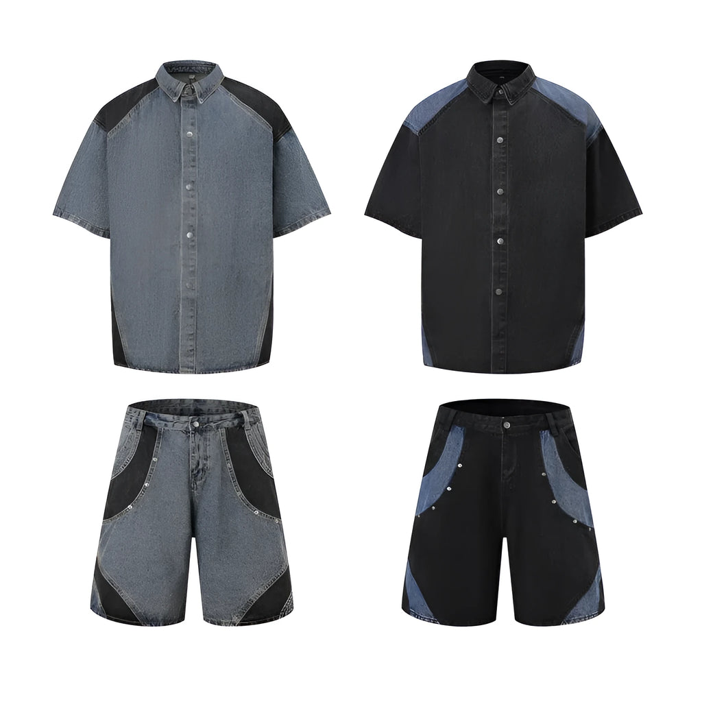 Retro washed blue denim short-sleeve jacket and matching trousers suit set on a hanger