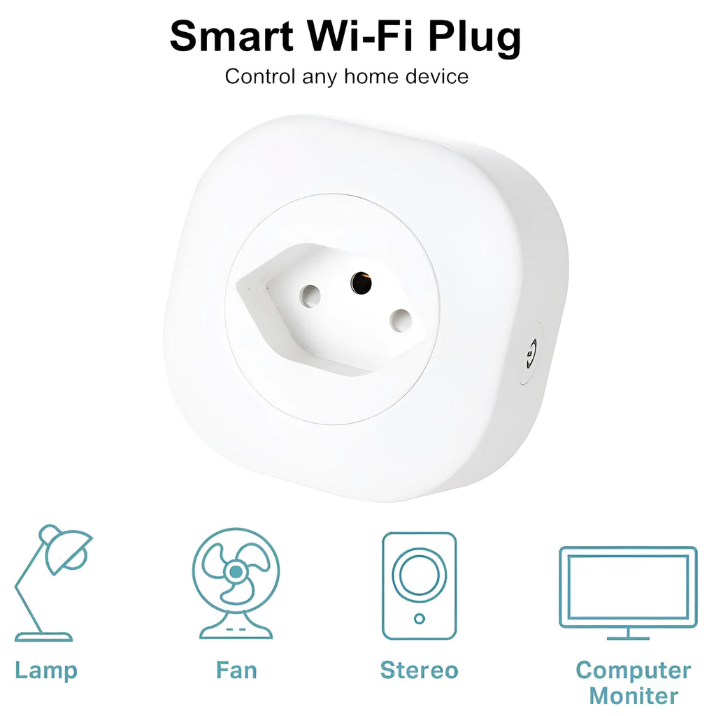 White Wi-Fi smart plug with EU-style pins on a wooden surface.