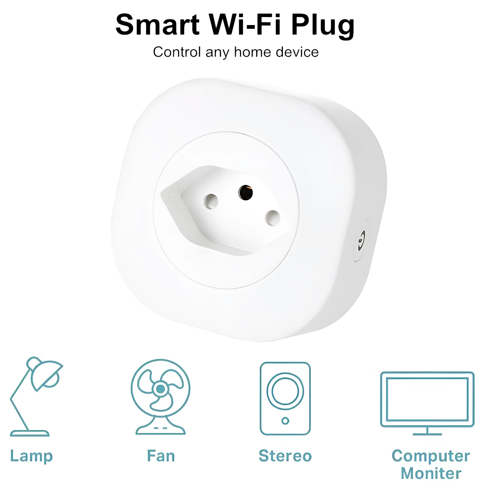 White Wi-Fi smart plug with EU-style pins on a wooden surface.
