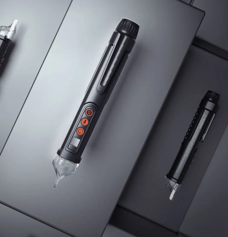 Intelligent electrical test pen for line detection in black or AC 10 colour with sound and light indicators.