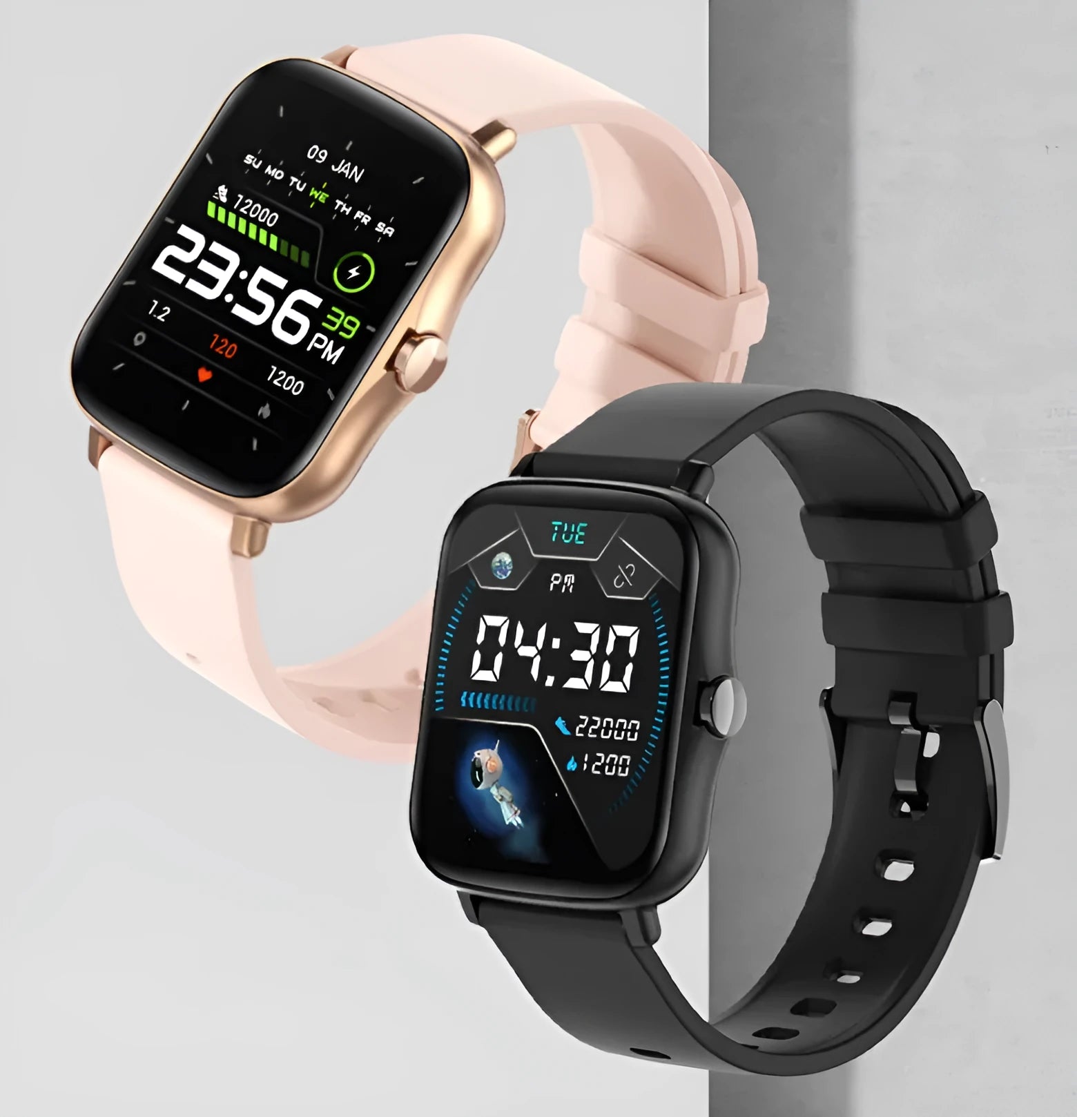 Blue smart watch with 1.7-inch colour touch screen on adjustable strap showing interface